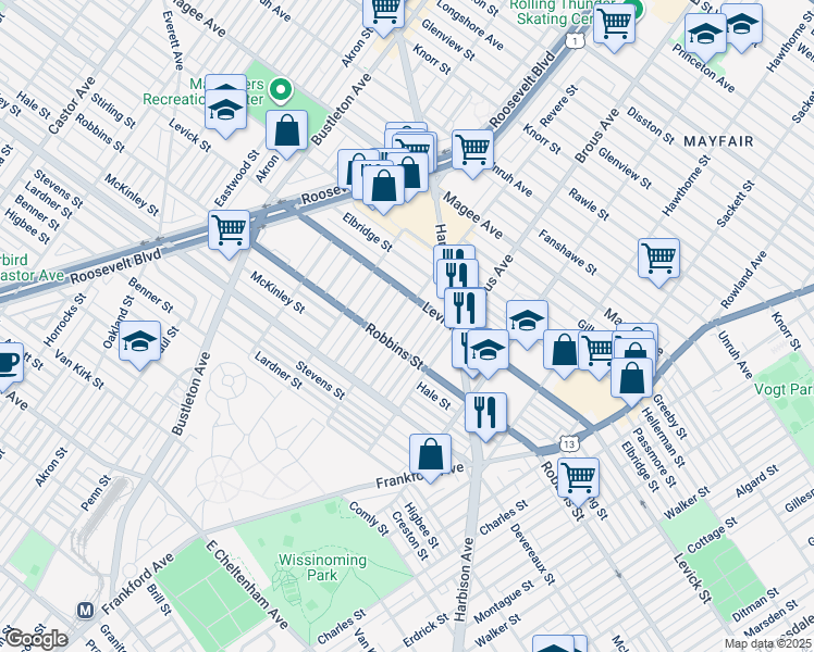 map of restaurants, bars, coffee shops, grocery stores, and more near 6326 Cardiff Street in Philadelphia