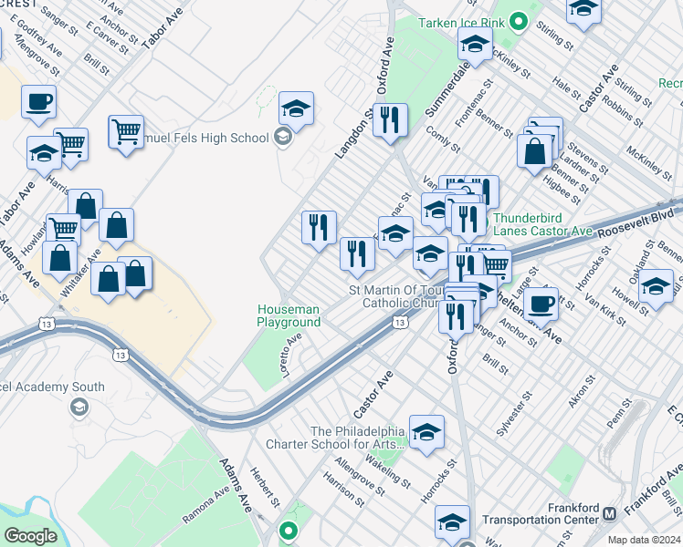 map of restaurants, bars, coffee shops, grocery stores, and more near 945 Bridge Street in Philadelphia