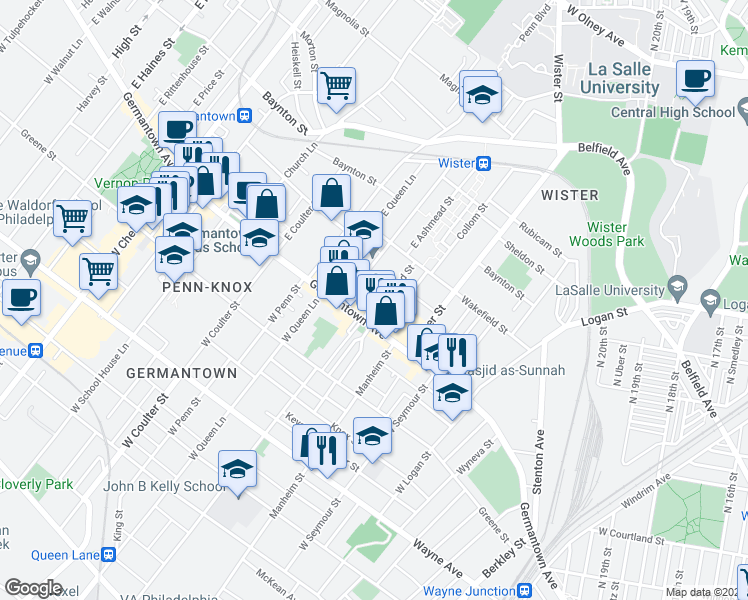 map of restaurants, bars, coffee shops, grocery stores, and more near 5213 Germantown Avenue in Philadelphia