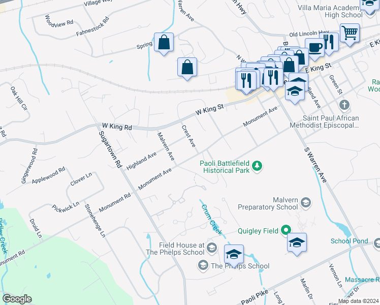 map of restaurants, bars, coffee shops, grocery stores, and more near 433 Monument Avenue in Malvern