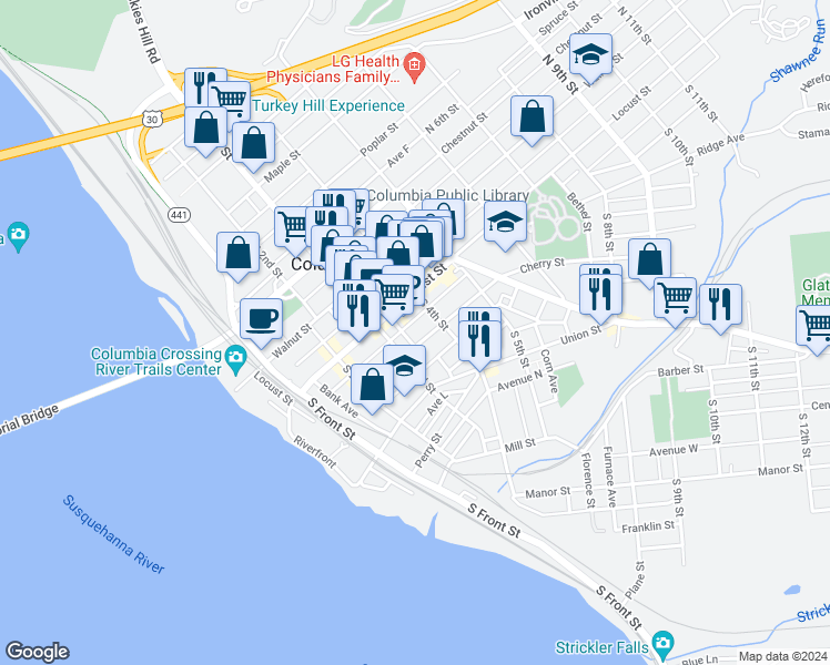 map of restaurants, bars, coffee shops, grocery stores, and more near 327 Cherry Street in Columbia