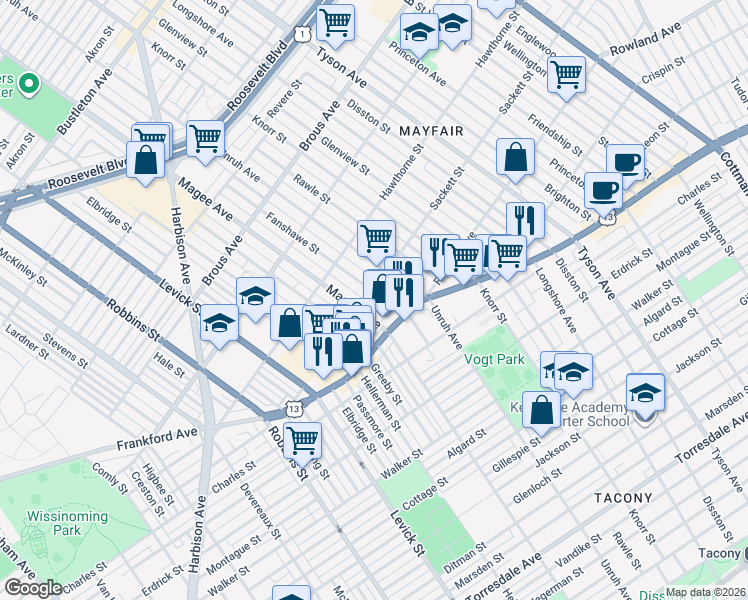 map of restaurants, bars, coffee shops, grocery stores, and more near 3201 Fanshawe Street in Philadelphia