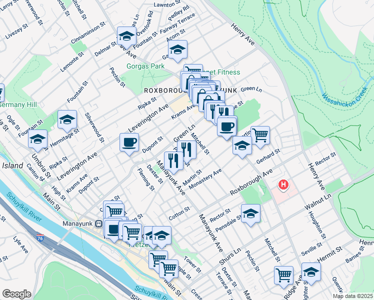 map of restaurants, bars, coffee shops, grocery stores, and more near 419 Conarroe Street in Philadelphia