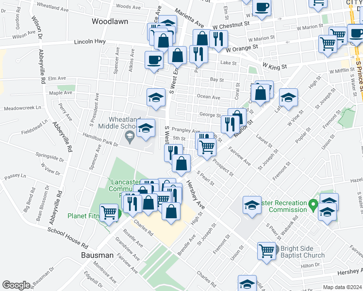 map of restaurants, bars, coffee shops, grocery stores, and more near 819 6th Street in Lancaster
