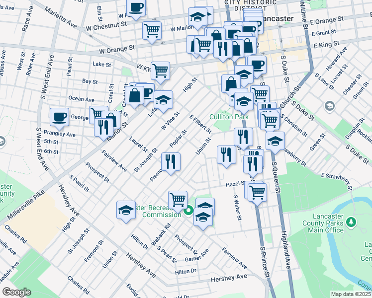 map of restaurants, bars, coffee shops, grocery stores, and more near 620 Fremont Street in Lancaster