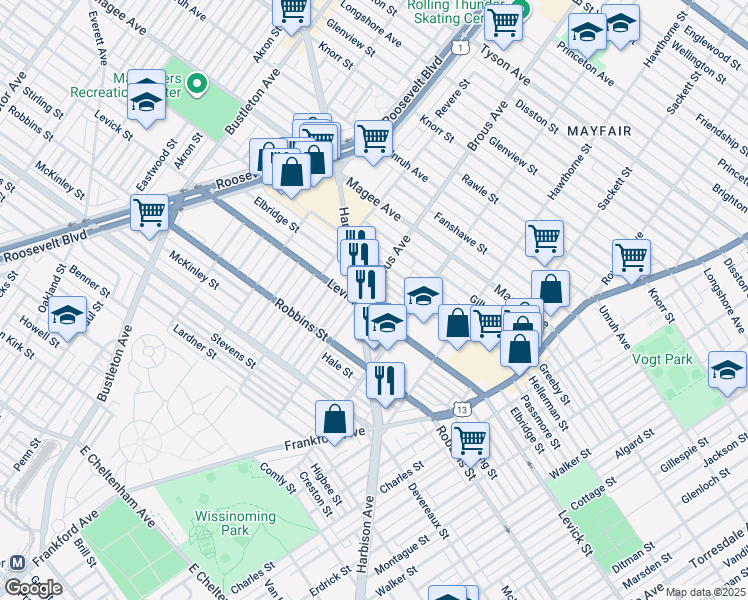 map of restaurants, bars, coffee shops, grocery stores, and more near 2908 Elbridge Street in Philadelphia