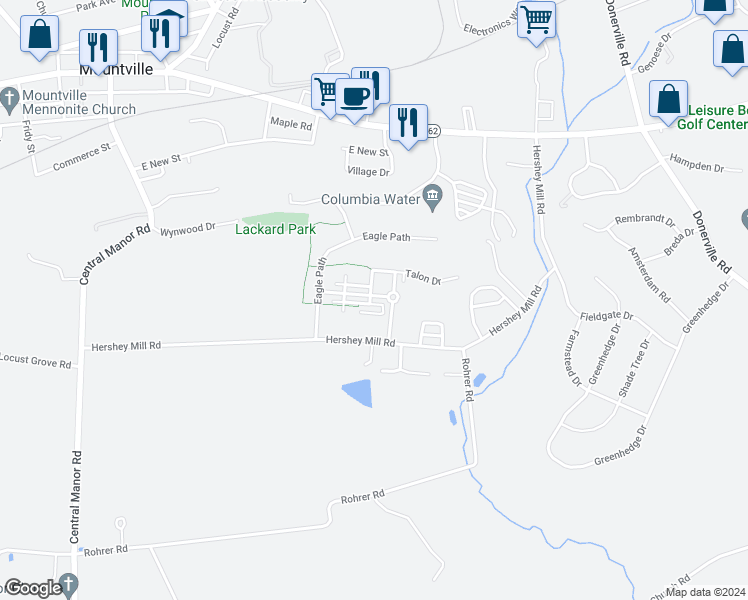 map of restaurants, bars, coffee shops, grocery stores, and more near 129 Timber Drive in Mountville