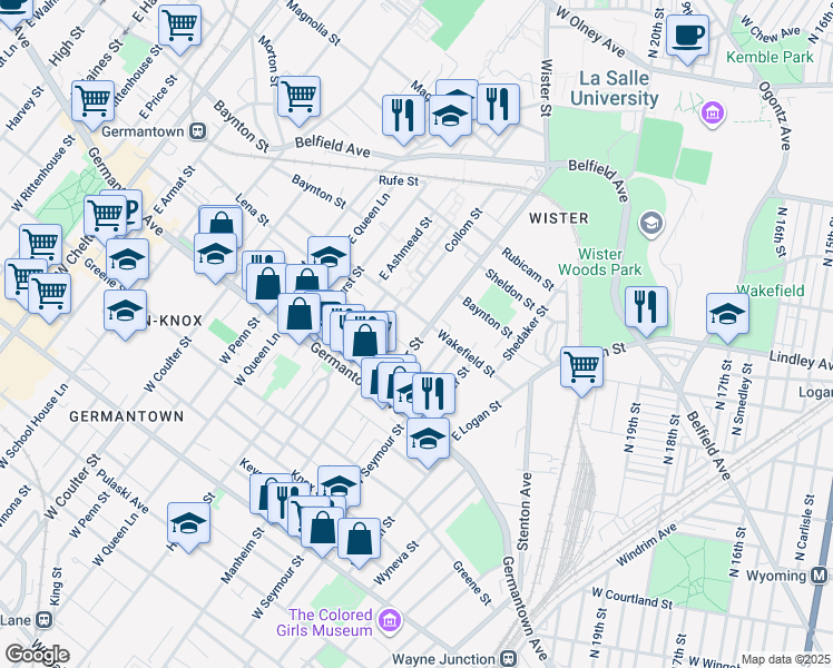 map of restaurants, bars, coffee shops, grocery stores, and more near 85-87 East Wister Street in Philadelphia