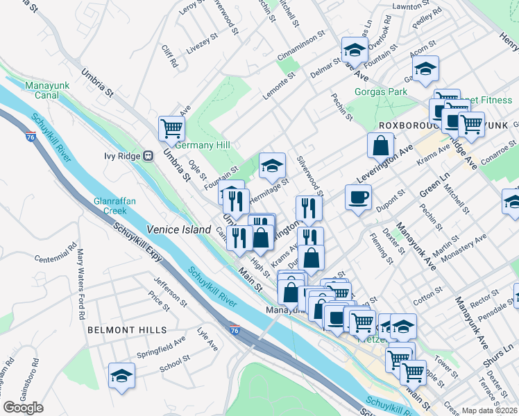 map of restaurants, bars, coffee shops, grocery stores, and more near 4690 Wilde Street in Philadelphia