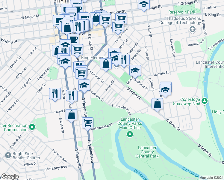 map of restaurants, bars, coffee shops, grocery stores, and more near 502 Woodward Street in Lancaster