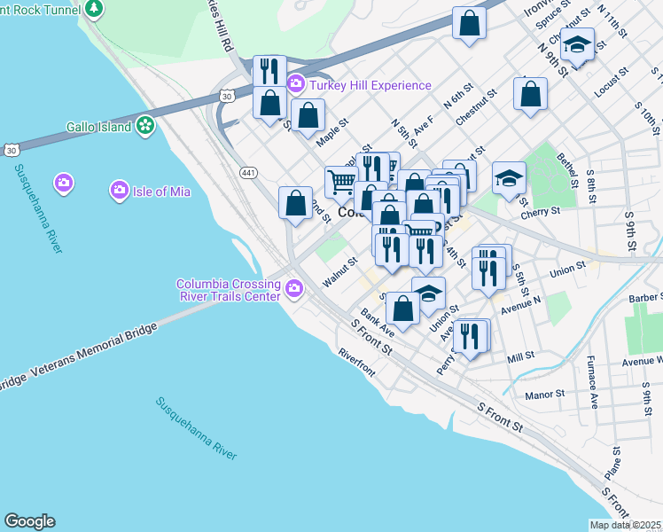 map of restaurants, bars, coffee shops, grocery stores, and more near 147 Walnut Street in Columbia