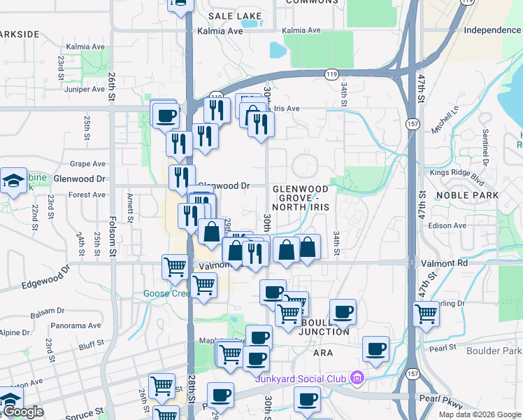 map of restaurants, bars, coffee shops, grocery stores, and more near in Boulder