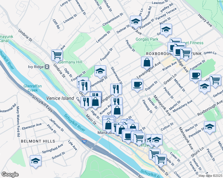 map of restaurants, bars, coffee shops, grocery stores, and more near 264 Greenough Street in Philadelphia