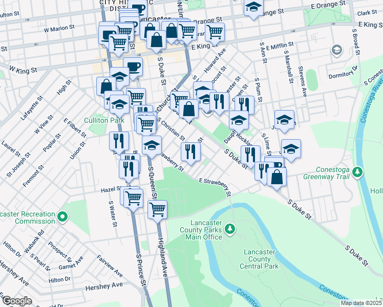 map of restaurants, bars, coffee shops, grocery stores, and more near 513 Green Street in Lancaster