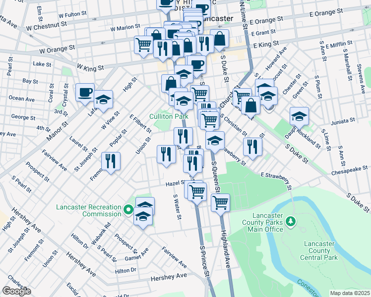 map of restaurants, bars, coffee shops, grocery stores, and more near 346 South Prince Street in Lancaster