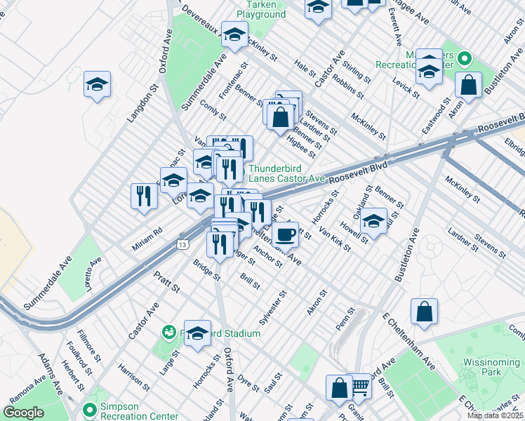 map of restaurants, bars, coffee shops, grocery stores, and more near 5851 Roosevelt Boulevard in Philadelphia