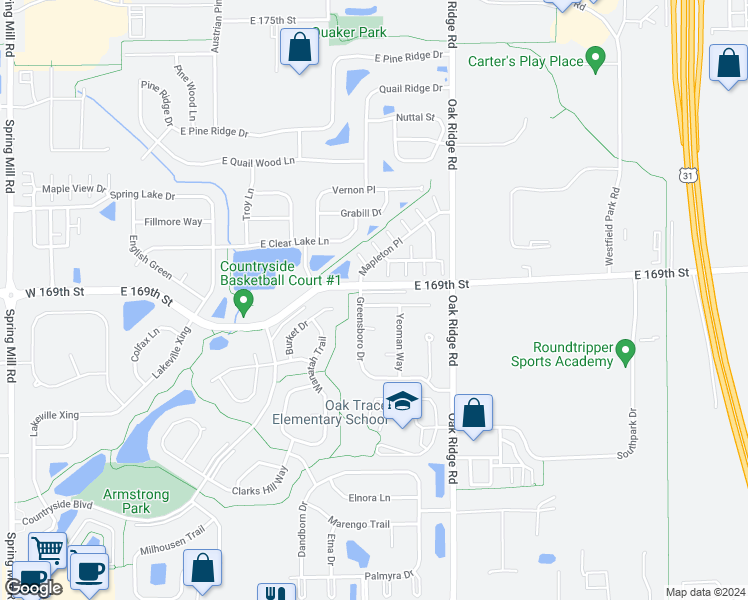 map of restaurants, bars, coffee shops, grocery stores, and more near 516 Kennard Lane in Westfield