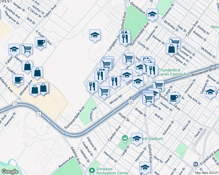 map of restaurants, bars, coffee shops, grocery stores, and more near 945 Bridge Street in Philadelphia