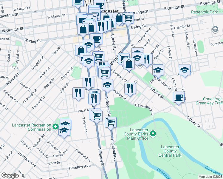 map of restaurants, bars, coffee shops, grocery stores, and more near 433 East Strawberry Street in Lancaster
