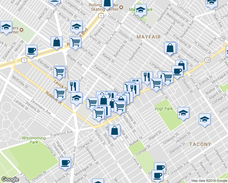 map of restaurants, bars, coffee shops, grocery stores, and more near 3122 Magee Avenue in Philadelphia