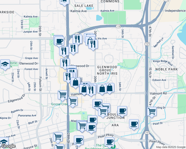 map of restaurants, bars, coffee shops, grocery stores, and more near in Boulder