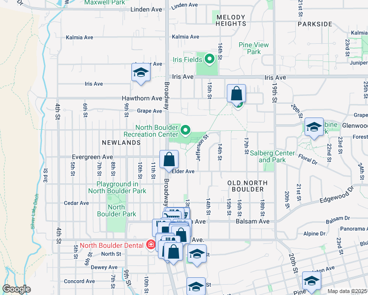 map of restaurants, bars, coffee shops, grocery stores, and more near 3140 Broadway in Boulder