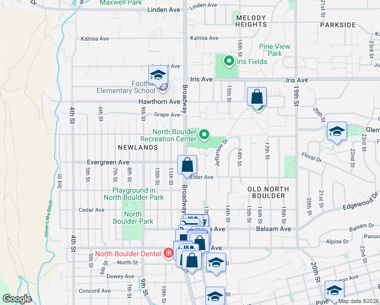 map of restaurants, bars, coffee shops, grocery stores, and more near in Boulder