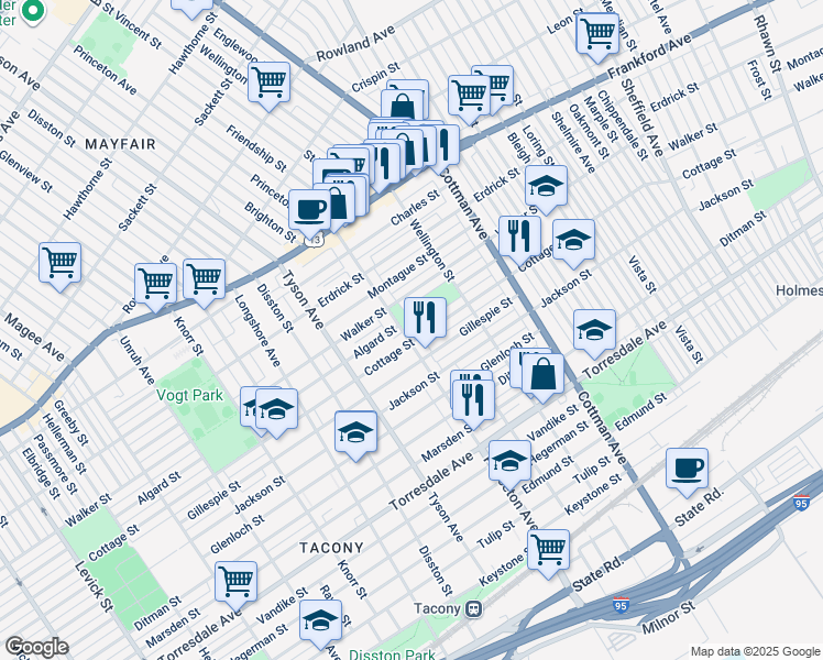 map of restaurants, bars, coffee shops, grocery stores, and more near 4335 Princeton Avenue in Philadelphia