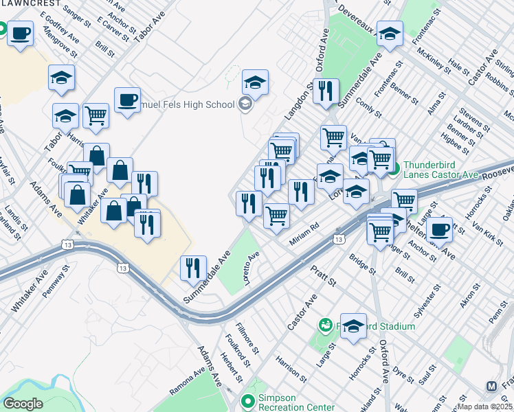 map of restaurants, bars, coffee shops, grocery stores, and more near 894 Granite Street in Philadelphia