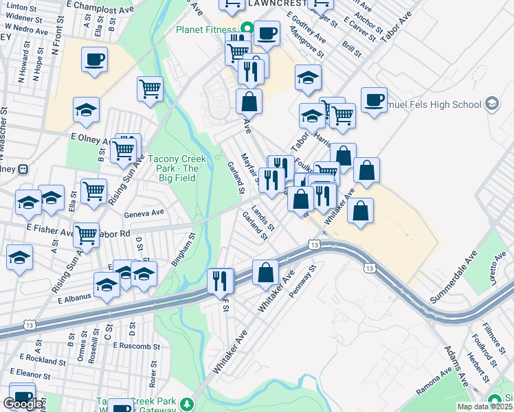 map of restaurants, bars, coffee shops, grocery stores, and more near 5231 North Tabor Road in Philadelphia