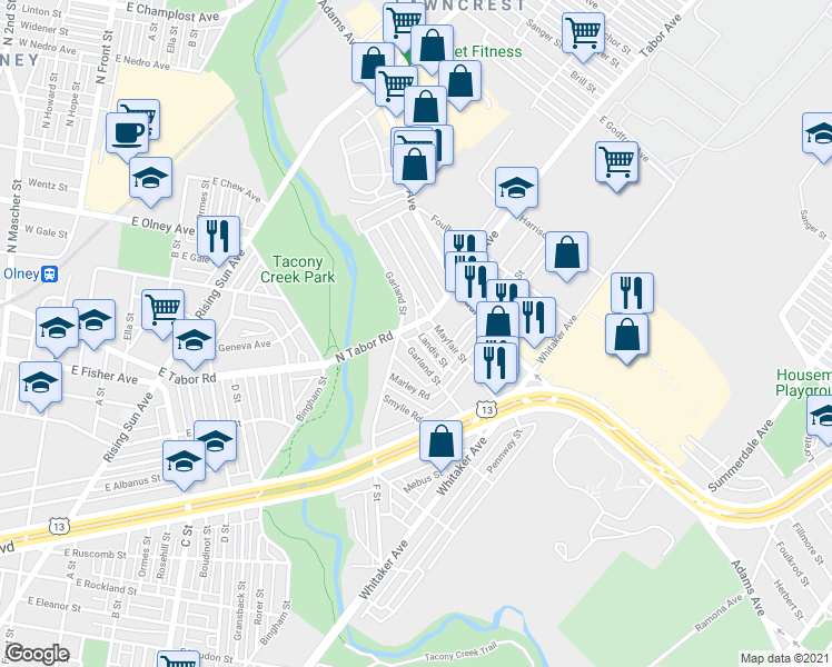 map of restaurants, bars, coffee shops, grocery stores, and more near 5231 North Tabor Road in Philadelphia