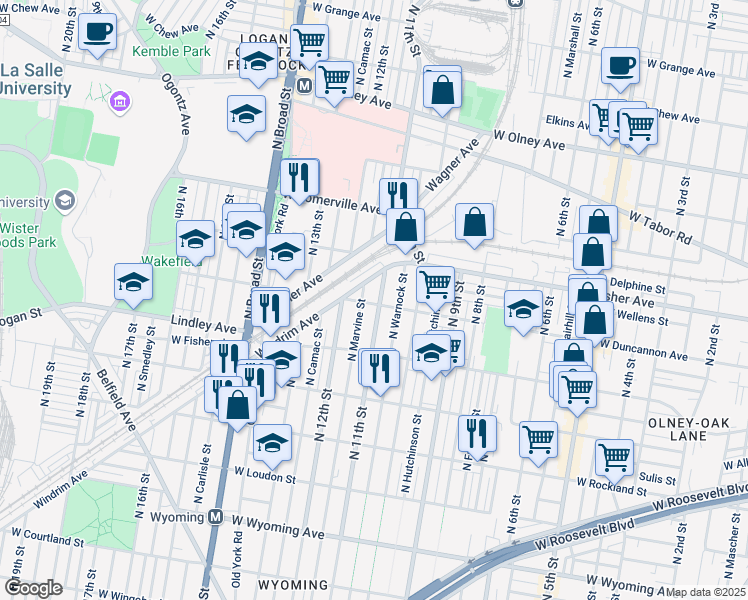 map of restaurants, bars, coffee shops, grocery stores, and more near 5216 North 11th Street in Philadelphia