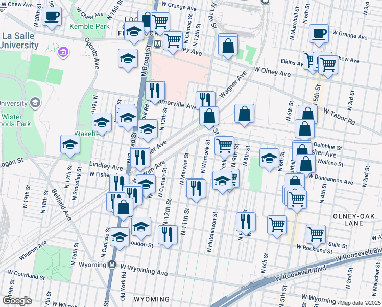 map of restaurants, bars, coffee shops, grocery stores, and more near 5216 North 11th Street in Philadelphia