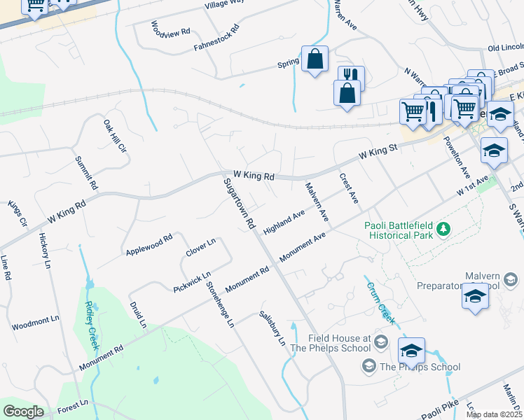 map of restaurants, bars, coffee shops, grocery stores, and more near 1808 Raintree Lane in Malvern