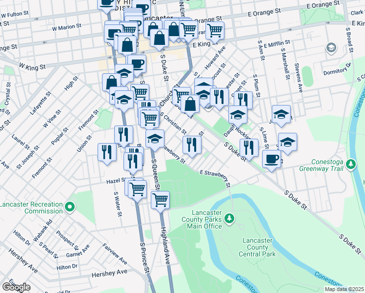 map of restaurants, bars, coffee shops, grocery stores, and more near 472 Atlantic Avenue in Lancaster