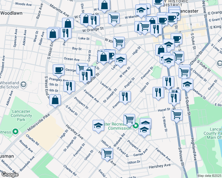 map of restaurants, bars, coffee shops, grocery stores, and more near 679 West Vine Street in Lancaster