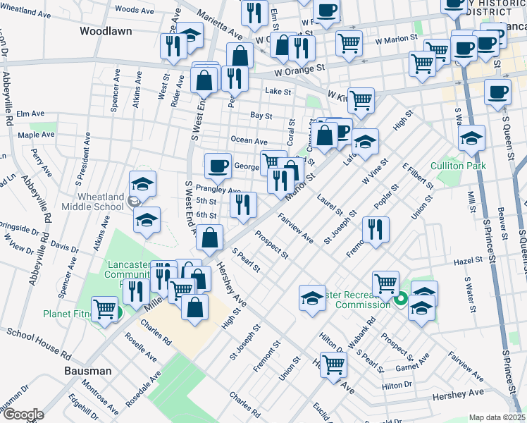map of restaurants, bars, coffee shops, grocery stores, and more near 612 5th Street in Lancaster