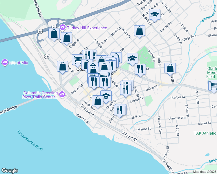 map of restaurants, bars, coffee shops, grocery stores, and more near 336 Locust Street in Columbia