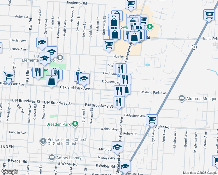 map of restaurants, bars, coffee shops, grocery stores, and more near 1741 East Dunedin Road in Columbus
