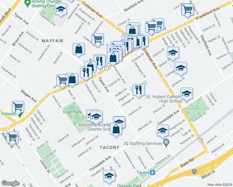 map of restaurants, bars, coffee shops, grocery stores, and more near 7014 Walker Street in Philadelphia