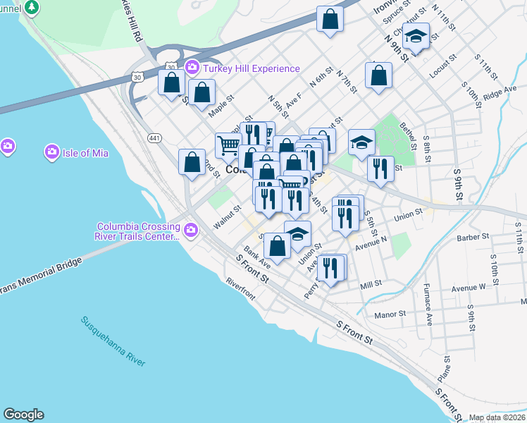 map of restaurants, bars, coffee shops, grocery stores, and more near 8 North 3rd Street in Columbia