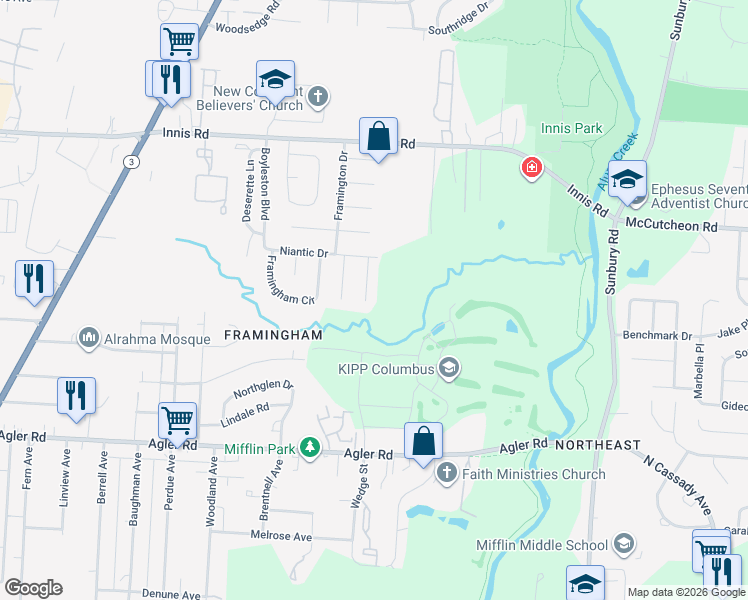 map of restaurants, bars, coffee shops, grocery stores, and more near 3090 Wakefern Place in Columbus