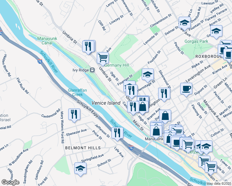 map of restaurants, bars, coffee shops, grocery stores, and more near 100 Gates Street in Philadelphia