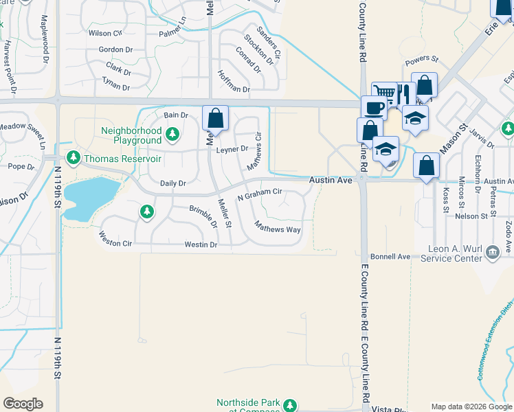 map of restaurants, bars, coffee shops, grocery stores, and more near 1372 North Graham Circle in Erie