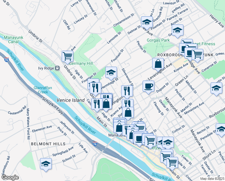 map of restaurants, bars, coffee shops, grocery stores, and more near 4676 Wilde Street in Philadelphia