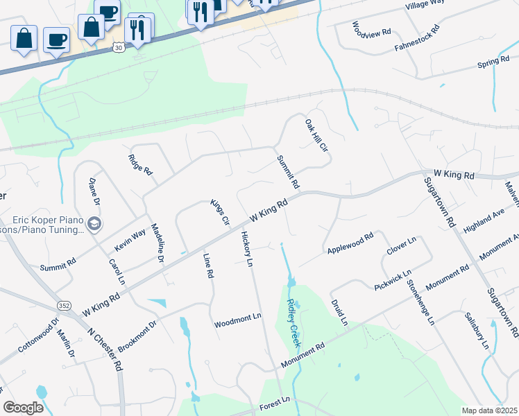map of restaurants, bars, coffee shops, grocery stores, and more near 893 West King Road in Malvern