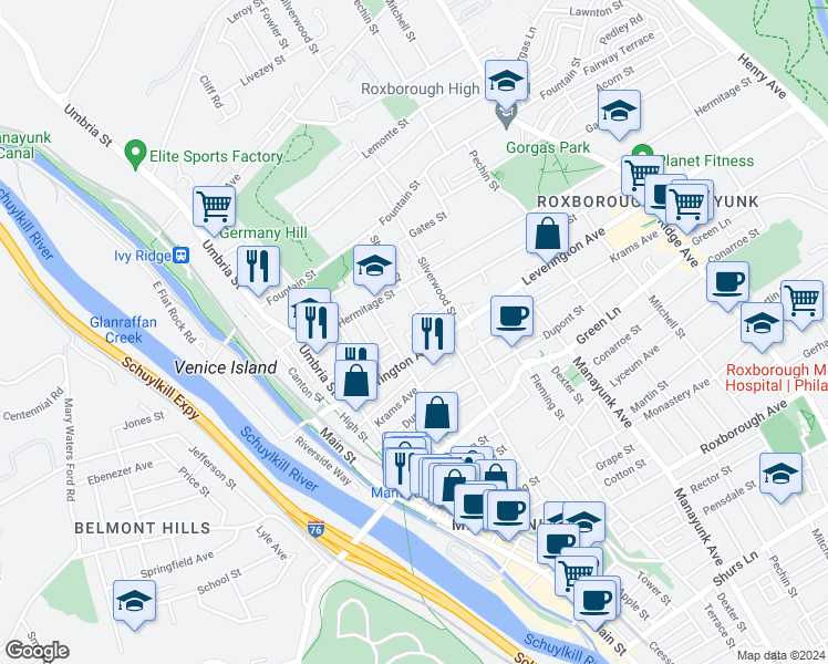 map of restaurants, bars, coffee shops, grocery stores, and more near 262 Greenough Street in Philadelphia