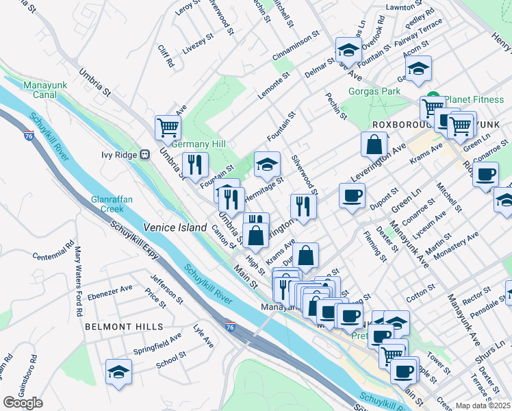 map of restaurants, bars, coffee shops, grocery stores, and more near 4664 Mansion Street in Philadelphia