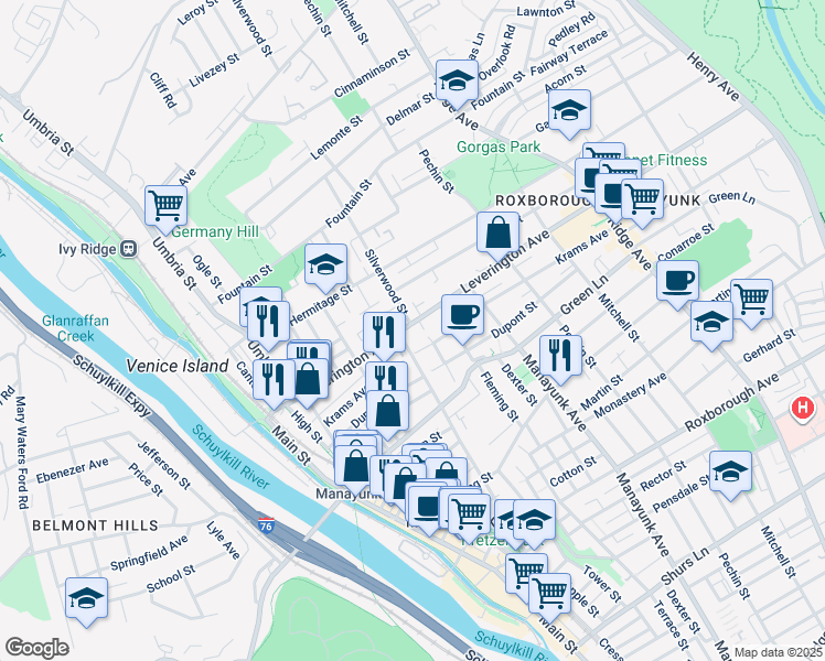 map of restaurants, bars, coffee shops, grocery stores, and more near 317 Leverington Avenue in Philadelphia