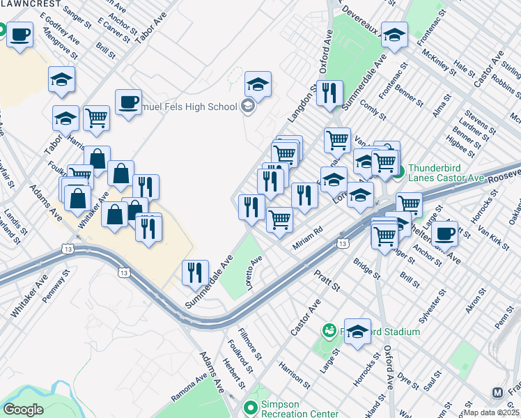 map of restaurants, bars, coffee shops, grocery stores, and more near 894 Granite Street in Philadelphia
